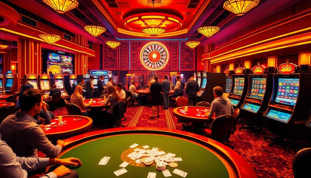 Experience the electrifying atmosphere of XX88 casino with players at poker tables and spinning roulette wheels.