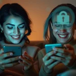 Couple discussing sexting AI in a cozy setting, showcasing digital connection and intimacy.