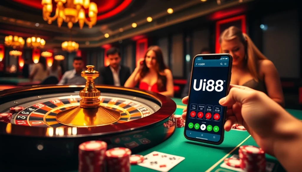 Explore the thrill of online gambling at uu88.com with stunning casino visuals featuring roulette and poker tables.
