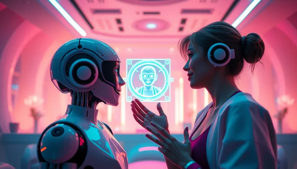 Exciting AI porn chat interaction with a playful holographic character in a vibrant digital landscape.