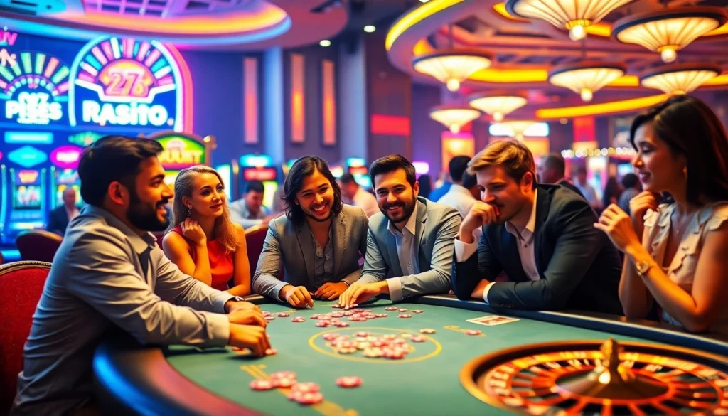 Players enjoy a thrilling game at f8bet.com.co's casino table, surrounded by vibrant slot machines.
