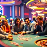 Players enjoy a thrilling game at f8bet.com.co's casino table, surrounded by vibrant slot machines.