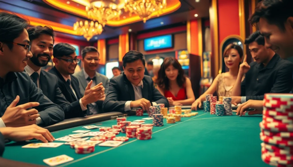 Engage with thrilling tỷ lệ kèo nhà cái action at a poker table, surrounded by eager players in a lively casino.
