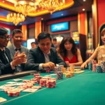 Engage with thrilling tỷ lệ kèo nhà cái action at a poker table, surrounded by eager players in a lively casino.