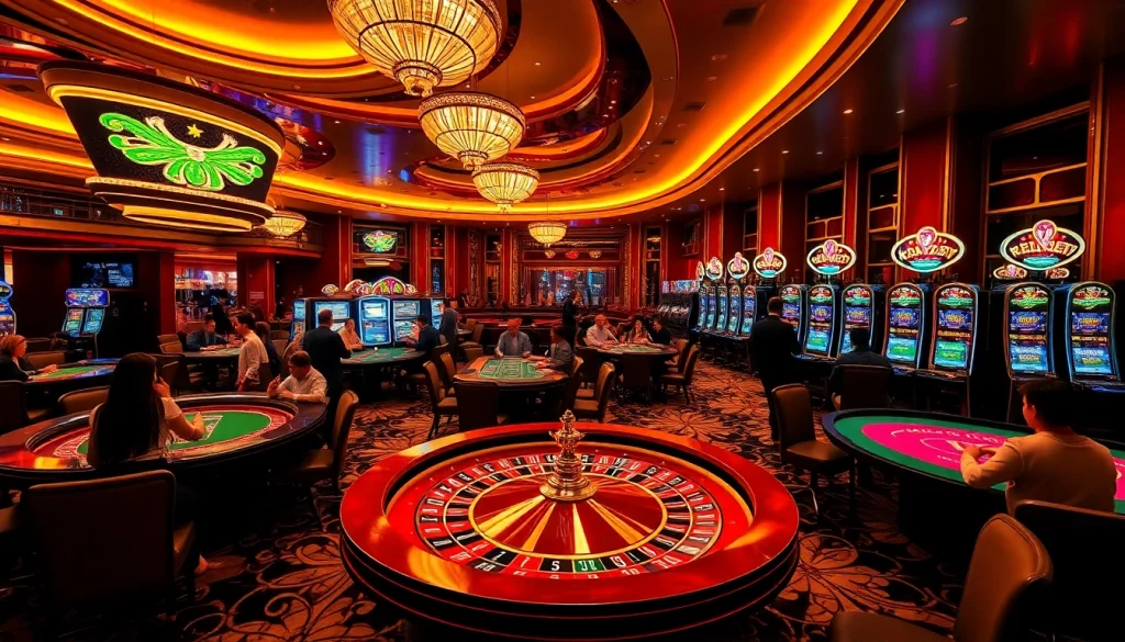 33win casino scene featuring excitement around roulette and poker tables, capturing the thrill of gambling.