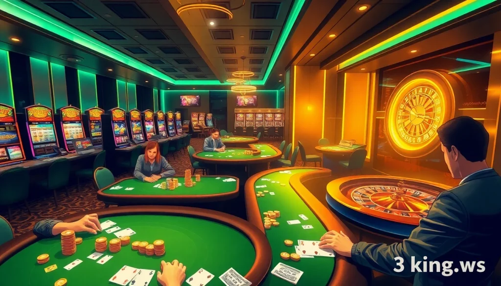Experience the excitement of 3king.ws with players enjoying poker, roulette, and slot games in a luxurious casino setting.