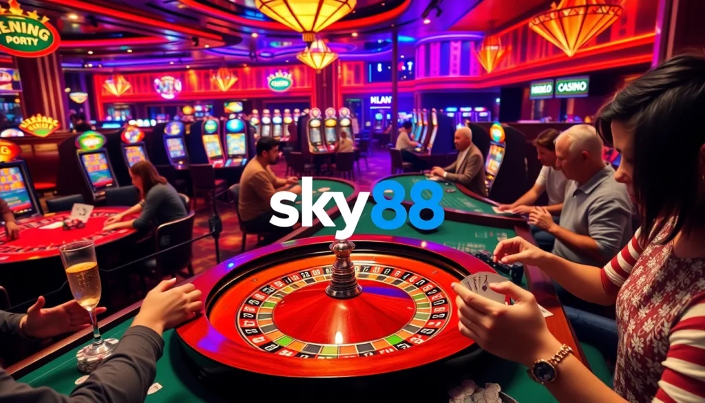 Exciting casino action at https://sky88.builders/ with players at roulette and poker tables, showcasing vibrant chips.