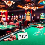 C168 players stacking chips at a vibrant casino poker table full of excitement.