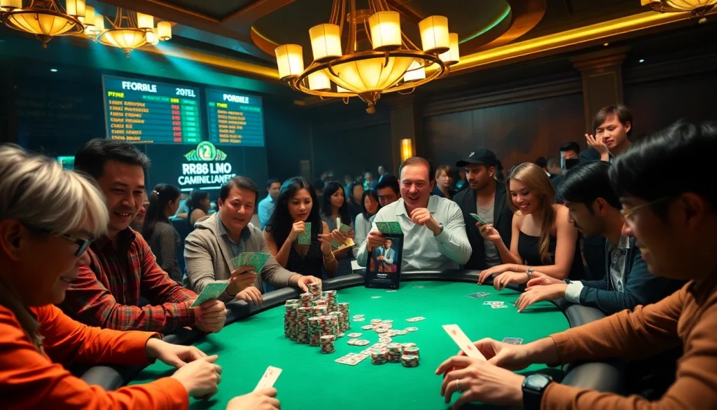Players intensely engaged in a high-stakes poker game at rr88l1 com, showcasing vibrant chips and cards.